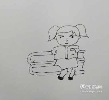 07 画好坐姿之后,在小女孩的后面画两本书当做凳子给小女孩坐上,这个