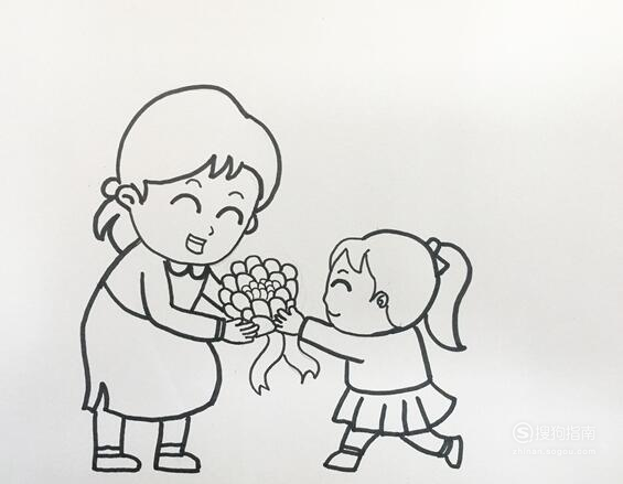 先在左侧画出妈妈的形象,右侧画出将小女孩画出来后,将两人手里的