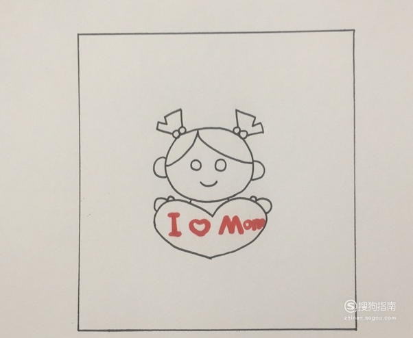 的头部下方好处一个爱心,并用红笔在爱心上写出"我爱妈妈"的英文字样